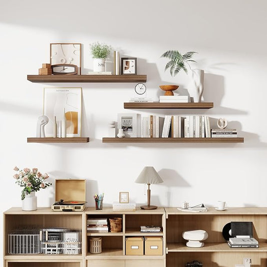36 Inch Floating Shelves, 12 Inch Deep Floating Shelves for Wall, Floating Shelf with Invisible Brackets, Deep Shelves for Bathroom, Bedroom, Living Room, 2 Pack, Walnut