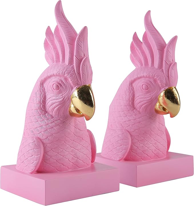 Pink Parrot Decorative Bookends,Set of 2 Cute Bird Animal Sculpture Book Ends to Hold Hevay Duty Books,Unique Resin Statues Book Stopper for Home Office Desk Bookshelf Decor