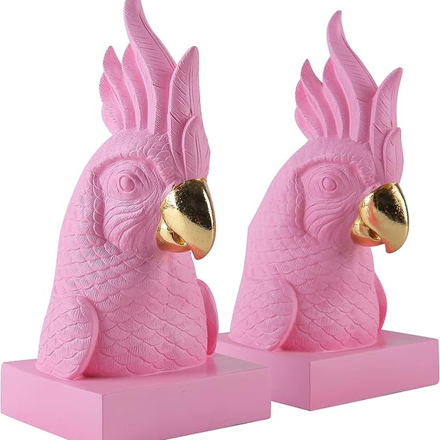 Pink Parrot Decorative Bookends,Set of 2 Cute Bird Animal Sculpture Book Ends to Hold Hevay Duty Books,Unique Resin Statues Book Stopper for Home Office Desk Bookshelf Decor