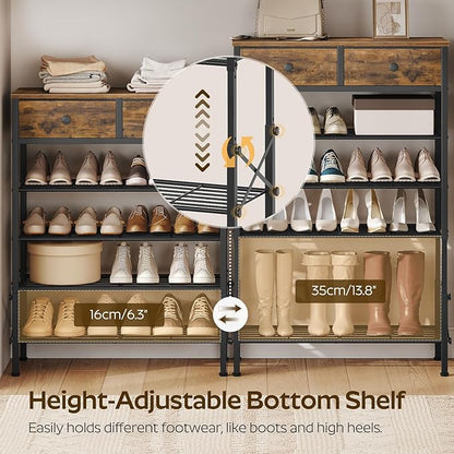 5 Tier Shoe Rack with Adjustable Height (37.4”-44.5”), Shoe Storage Shelf with 2 Non-Woven Drawers, Wooden Shoe Organizer for Entryway, Cloakroom, Rustic Brown and Black SS11BR