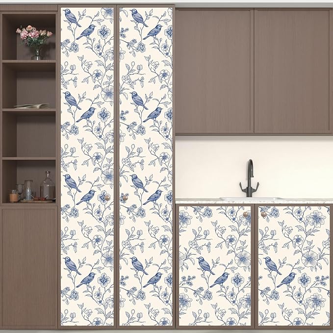 Beige Wallpaper Peel and Stick Blue Floral Bird Vintage Contact Paper 17.5