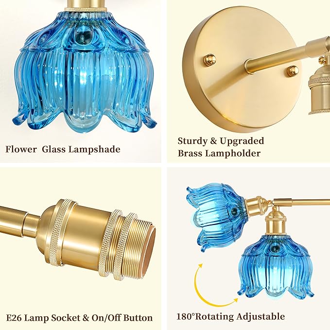 Vintage Battery Wall Sconce with Flower lampshade,Rechargeable Battery Powered Wall Lights,Wall lamp with 15 Colors for Bedroom Living Room Home Decor (Flower Blue, 1 Light Battery Operated)