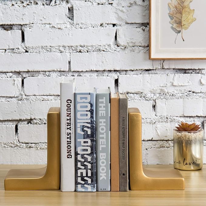 MyGift Modern Gold Concrete Office Bookshelf Decor Bookends for Heavy Book and Textbooks, Desktop Book Holder, 1 Pair