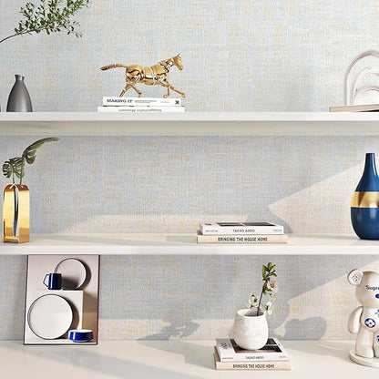 FunStick 16"x240" Modern Peel and Stick Grasscloth Wallpaper Blue Textured Wallpaper for Bathroom Wall Covering Waterproof Texture Gold Blue Contact Paper Renter Friendly Grass Cloth Fabric Wall Paper