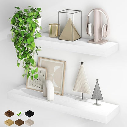 Fun Memories Floating Shelves for Wall, 32Inch Floating Shelves Set of 2, Hanging Shelf with Invisible Brackets, Wood Shelves for Living Room, Bedroom, Kitchen, White