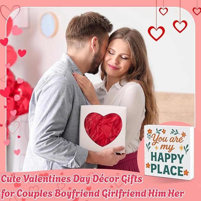 Valentines Desk Decor, Valentine's Day Home Office Table Sign for Wife Daughter from Dad Husband, Valentine Gifts Decorations for Porch Tiered Tray Shelf Party, You Are My Happy Place