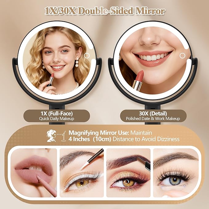 Makeup Mirror with Lights, Double Sided 1x/30x Magnifying Mirror with Light, Rechargeable 3 Color Lights and Adjustable Brightness, 360° Rotation Detachable Comes with Tweezer(Dark-30X)