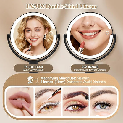 Makeup Mirror with Lights, Double Sided 1x/30x Magnifying Mirror with Light, Rechargeable 3 Color Lights and Adjustable Brightness, 360° Rotation Detachable Comes with Tweezer(Dark-30X)