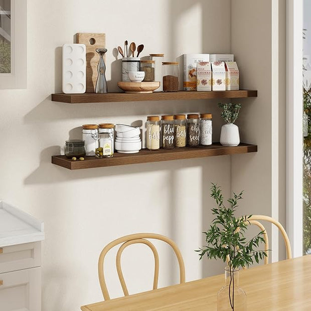 Fun Memories 55 Inch Long Floating Shelves for Wall, 55x9.3 Large Floating Shelf for Bedroom, Kitchen, Bathroom, Wall Mounted Rustic Wood Shelves with Invisible Bracket for Books, Decor, Walnut