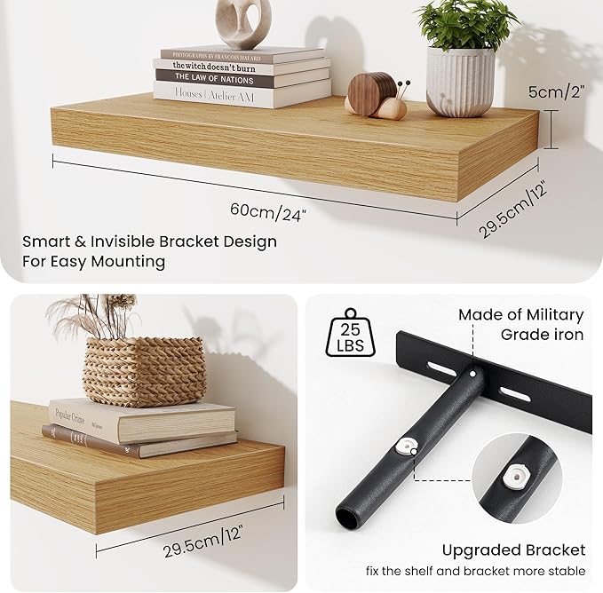 Fun Memories 24 Inch Floating Shelves Wall-Mounted, 12 Inch Deep Wall Shelves, 24 x 12 Floating Shelf, Deep Storage Shelf for Living Room Bathroom Bedroom, Oak, Set of 2