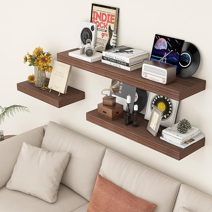 Deep Floating Shelves | 36 Inch Walnut Floating Shelves Set of 2 | 12 Inch Deep Rustic Wood Shelves for Wall | 36