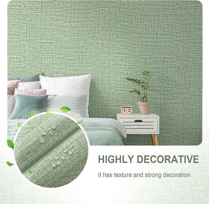 Guvana Grasscloth Peel and Stick Wallpaper Green Textured Contact Paper Modern Removable Self Adhesive Wall Paper Thicken Fabric Faux Linen Wallpaper for Bathroom Kitchen Countertop 197inx15.7in