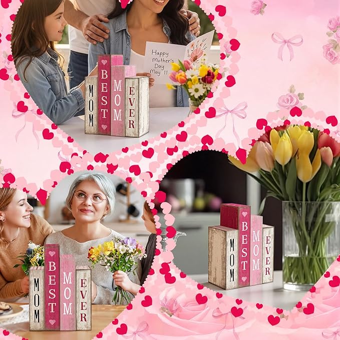 4 Pcs Mothers Day Table Decoration Wooden Book Pink White Tiered Tray Decor Happy Mother's Centerpieces Mom Gifts from Daughter Son for Home Shelf Indoor Party Decoration