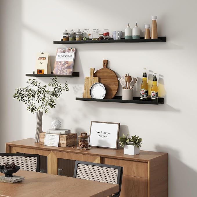 Picture Ledge Wall Shelves 24 inches Width Set of 3, Solid Pine Wood Rustic Floating Ledge Shelves for Kids' Room Bedroom Kitchen Bathroom Living Room Nursery Display Wall Decor, Black