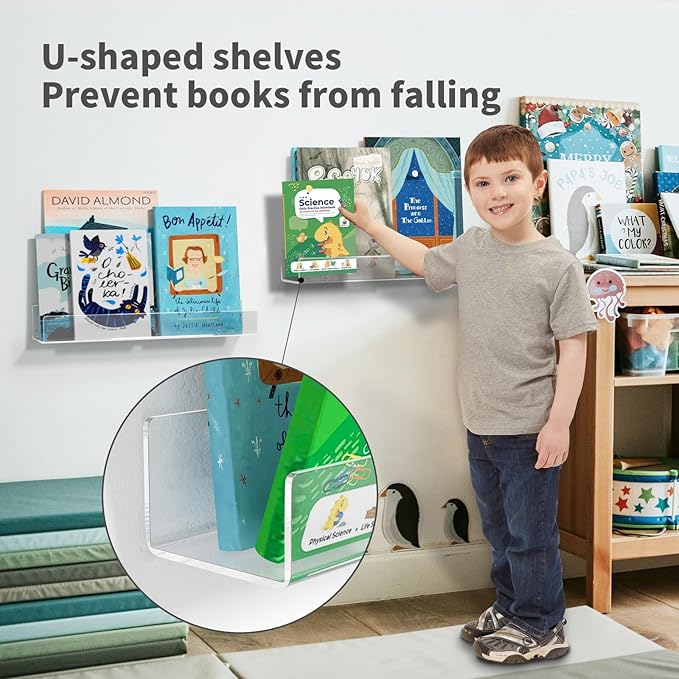 NIUBEE 16.5-Inch Acrylic Floating Bookshelves, 4-Pack, Clear Modern Wall Shelves for Child/Toddler， Invisible Ledge Book Shelves for Multi-Layer or Multi-Room Storage in Kids’ Rooms and Family Spaces