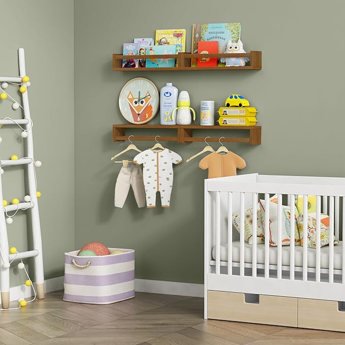 Forbena Walnut Brown Nursery Bookshelf Wall Mounted, Wooden Floating Book Shelves for Wall, Nursery Hanging Bookshelves for Baby Toddlers Kids Room Bedroom (Pine Wood, Walnut Color, 4-Pack)