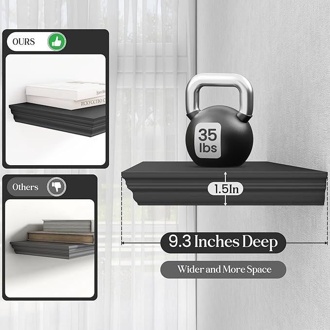 Fun Memories Floating Shelves 32 Inch Long, 9.3 Inch Deep Classic Crown Molding Floating Shelves for Wall, Rustic Wooden Shelves for Wall Decor Bathroom, Kitchen, Office, (Black, 2Pack)