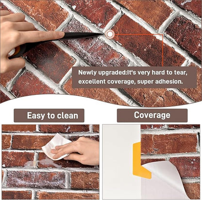 Rugreat Red Brick Peel and Stick Wallpaper Faux Brick Contact Paper for Cabinets Self Adhesive Removable Wallpaper for Backsplash Waterproof Textured Contact Paper for Fireplace Vinyl 17.3inW 197inL