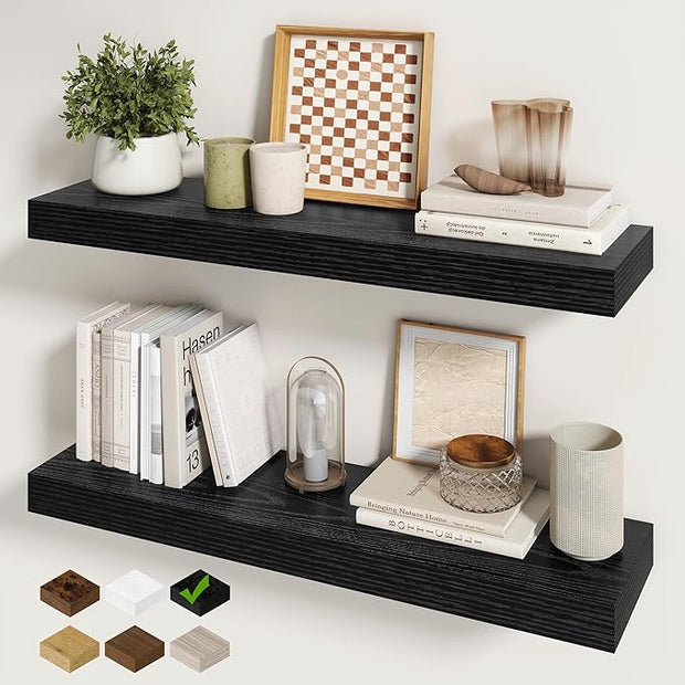 Fun Memories 30Inch Floating Shelves for Wall, 2 Pack Rustic Wood Shelves for Bathroom|Kitchen Wall Mounted Floating Shelf with Invisible Brackets for Books|Storage|Decor,Black