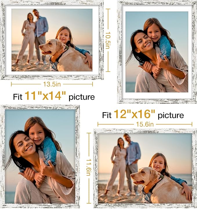 Vittanly 12x16 Picture Frames Set of 4, Display Pictures 11x14 with Mat or 12x16 without Mat, Gallery Frame for Wall, Engineered Wood with Shatter Resistant Plexiglass, Distressed White