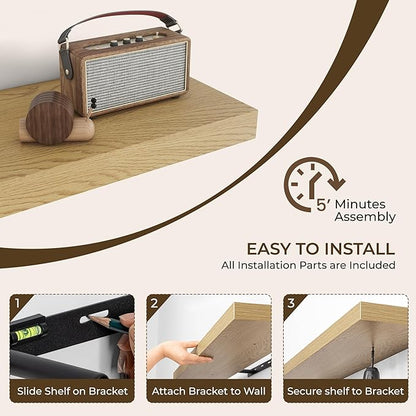 RICHFOCUS 55Inch Floating Shelves for Wall 2 Pack Shelves for Bedroom|Kitchen|Bathroom Wall Mounted Rustic Wood Floating Shelf with Invisible Brackets for Books|Storage|Decor, Oak