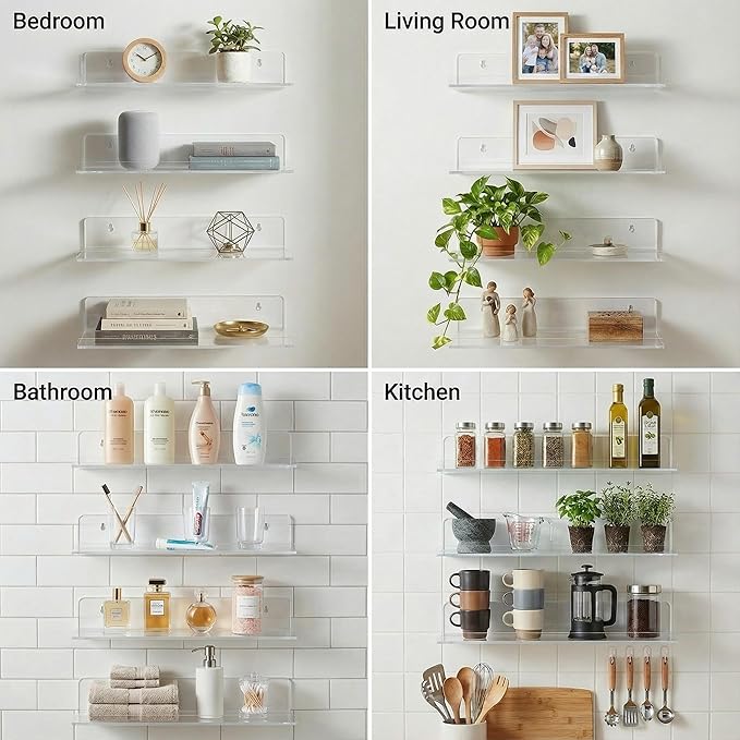 Acrylic Floating Shelves, Adhesive Wall Mount Command Shelves for Bathroom, Kitchen, Dorm - Renter-Friendly Easy Install Wall Shelves for Home Decor and Organization (Fully Clear-2 Pack)