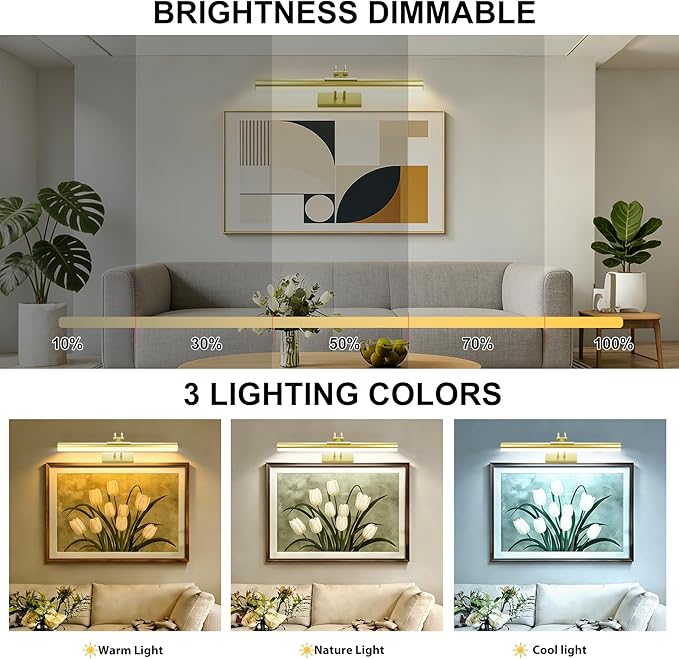 Picture Light,Wireless Art Light Stick-On,Magnetic Wall Light,Battery Accent Light with Timer and Dimmable for Painting,Frame,Portrait,Artwork-Gold 16"