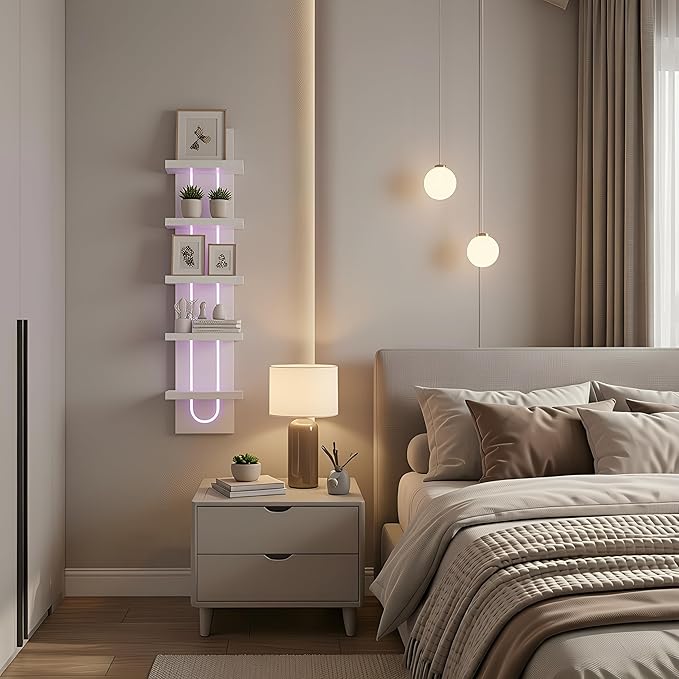 5 Tier Wall Shelf Unit with Light-Small Floating Shelves for Home Decor, Modern Unique Asymmetric Design for Bedroom & Living Room Storage