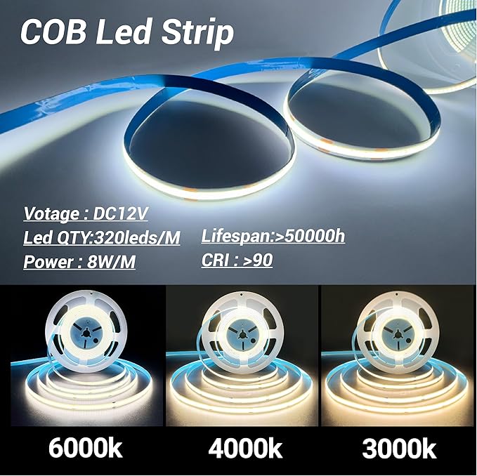HAMRVL LED Shelf Lights, 16.4ft 12V COB LED Strip Lights, Plug-in DIY Cut to Size 4000K Natural White Tape Lights, Dimmable Under Shelf Lighting for Bookcase, Kitchen Cabinet, Display Case, Showcase