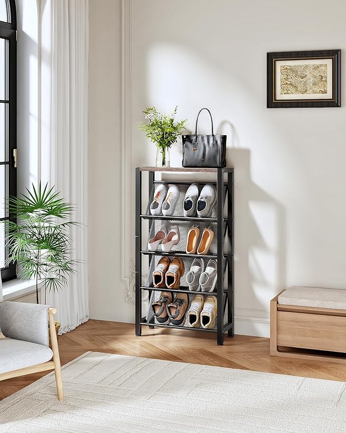 Shoe Rack, 5-Tier Slanted Shoe Rack, Narrow Shoe Storage Shelf, Slim Shoe Organizer for Entryway, Space-Saving, Wooden Top and Metal Frame, for Entryway, Hallway, Greige and Black TXJ03BG