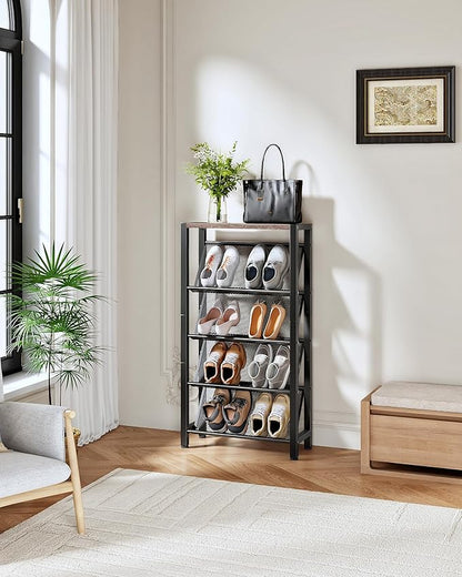 Shoe Rack, 5-Tier Slanted Shoe Rack, Narrow Shoe Storage Shelf, Slim Shoe Organizer for Entryway, Space-Saving, Wooden Top and Metal Frame, for Entryway, Hallway, Greige and Black TXJ03BG