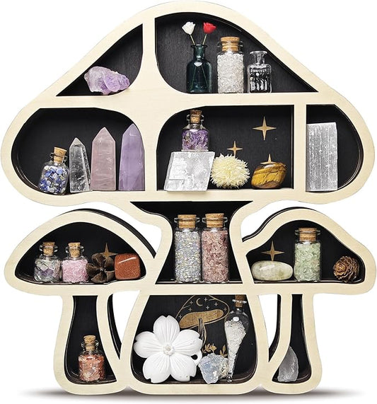 Wooden Mushroom Floating Shelves, Crystal Display Shelf for Wall, Cute Mushroom Wall Decor, Rock Gem Stone Storage Organizer, Essential Oil Holder Hanging Case, Meditation Art Spiritual Gift