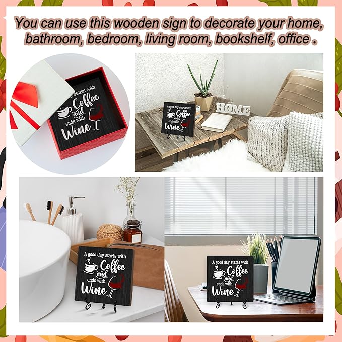 Coffee And Wine Desk Decor Sign, Rustic Wooden Sign With Stand, A Good Day Starts With Coffee And Ends With Wine Sign For Farmhouse Home Kitchen Bar Shelf Table, Gifts For Family Friend Coworker-04