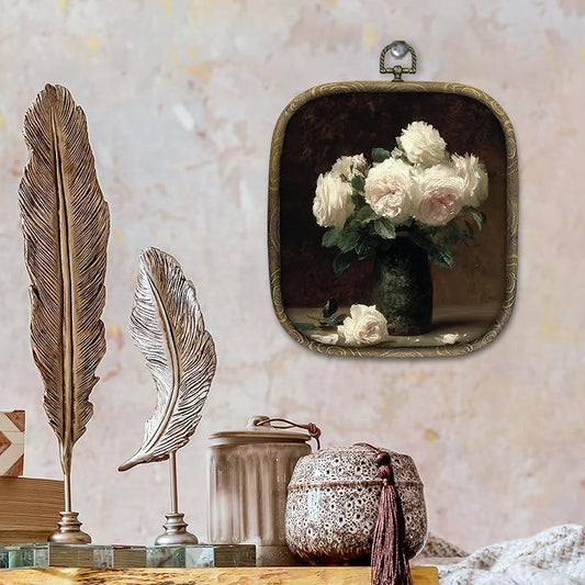 KSDUT Flower Wall Art Decor - Botanical Neutral Mid Century Modern Wall Art Canvas Frame Hanging Prints, Vintage White Floral Square Wall Art Decor for Home Decorations 6.5"x5.7"
