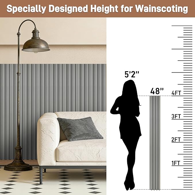 16 Packs 3D Wall Panels, 48 x 6 Inch WPC Slat Wall Panels for Wall Decor, Fluted Accent Wall Paneling for Living Room Bedroom TV Background Study Room Office, Grey Oak