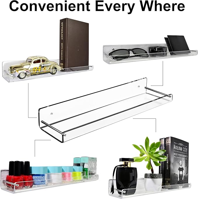 AMT 6 Pack Acrylic Floating Shelves, 15" L x 3.25" W, Clear Bathroom Wall Shelf, Bookshelves, Invisible Display for Office, Bedroom, Small Gap Allows Water to Escape, Free Screws & Drill Bit (Medium)