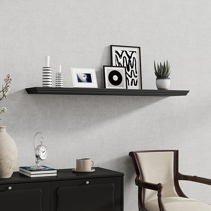 Fun Memories Floating Shelves 48 Inch Long, 9.3 Inch Deep Classic Crown Molding Floating Shelves for Wall, Rustic Wooden Shelves for Wall Decor Bathroom, Kitchen, Office, (Black, 1Pack)