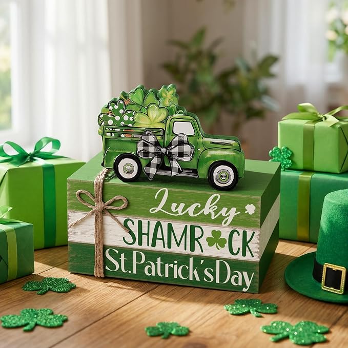 Geelin 4 Pcs St. Patrick's Day Table Decorations Wooden Shamrocks Rustic Tiered Tray Decor with Green Truck, Irish Farmhouse Shelf Centerpiece for Home Kitchen Living Room Holiday Decoration