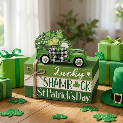 Geelin 4 Pcs St. Patrick's Day Table Decorations Wooden Shamrocks Rustic Tiered Tray Decor with Green Truck, Irish Farmhouse Shelf Centerpiece for Home Kitchen Living Room Holiday Decoration