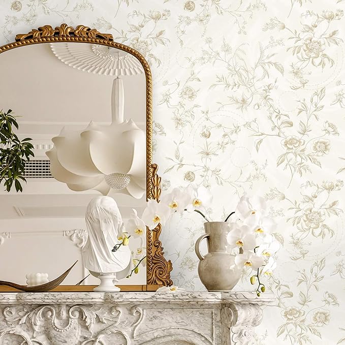 Ismoon Floral Peel and Stick Wallpaper Vintage Beige Stick on Wall Paper French Textured Contact Paper for Cabinet Removable Self Adhesive Wallpaper Vinyl Roll Shelf Decro, 17.3x393in