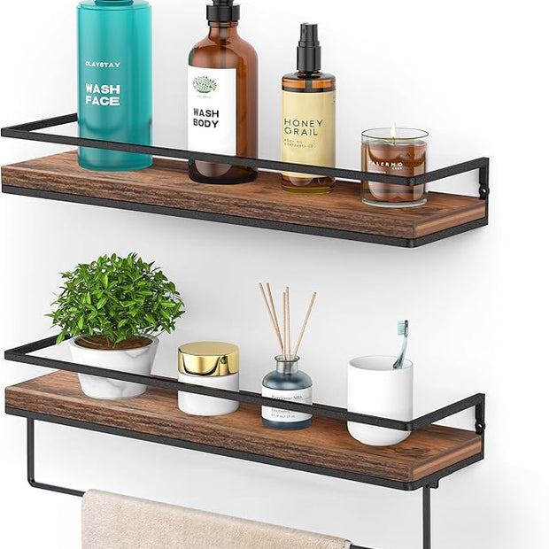 Meangood Floating Shelves Wall Mounted Set of 2, Towel Bar Rustic Wood Wall Storage Shelves for Bedroom,Living Room,Bathroom, Kitchen Rustic Brown