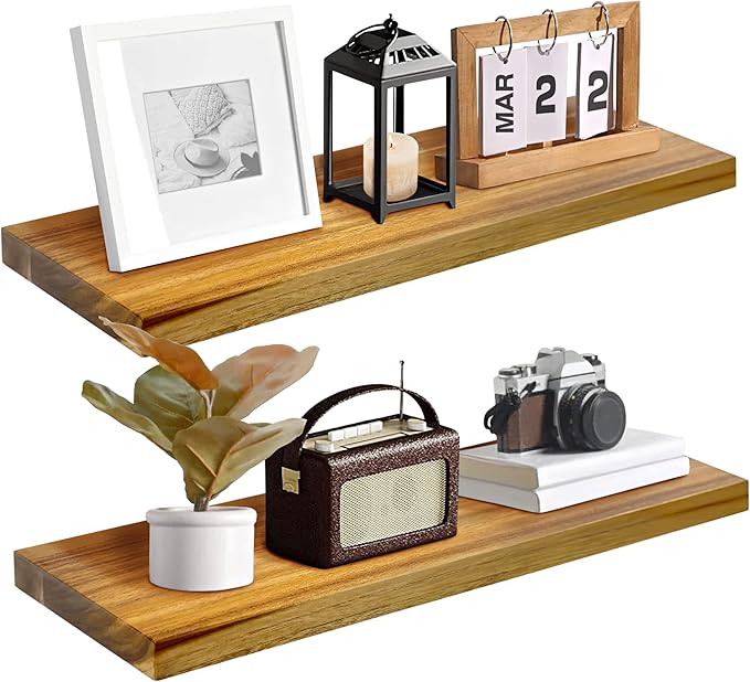 Teak Wood Floating Shelves Perfect for Bathroom Décor Pack of 2 Wooden Wall Shelves for Bedroom Living Room Kitchen Simple Minimalist Home Décor 24” x 6.7