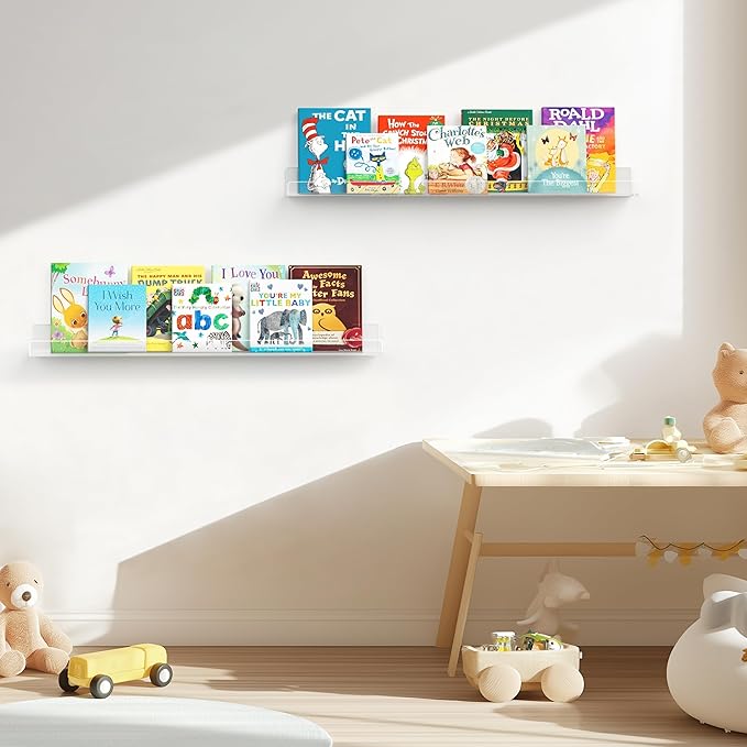 24 Inches Clear Acrylic Floating Shelves Wall, Bookshelf for Kids, Nursery Book Shelves, Magazine Rack, Picture Ledge Shelf for Photo Frames Vinyl Records, Pack of 4