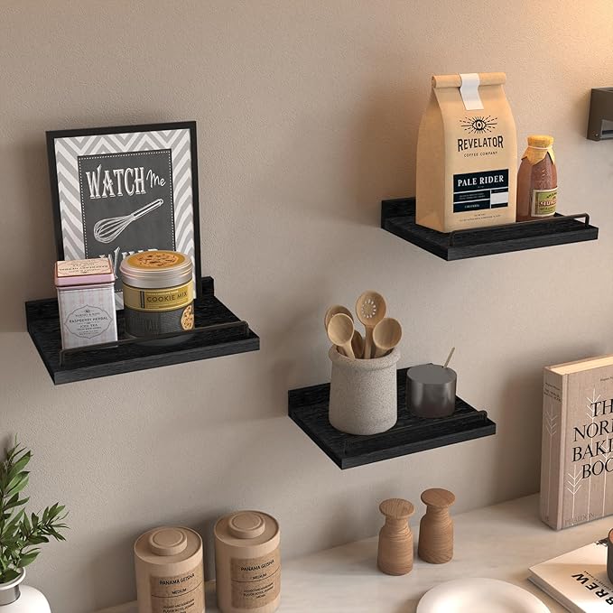 Small Floating Shelf, 6X9 Inches Farmhouse Wall Shelves for Living Room, Bedroom, Picture Frames, Plants, Kitchen, Set of 3 (Black)