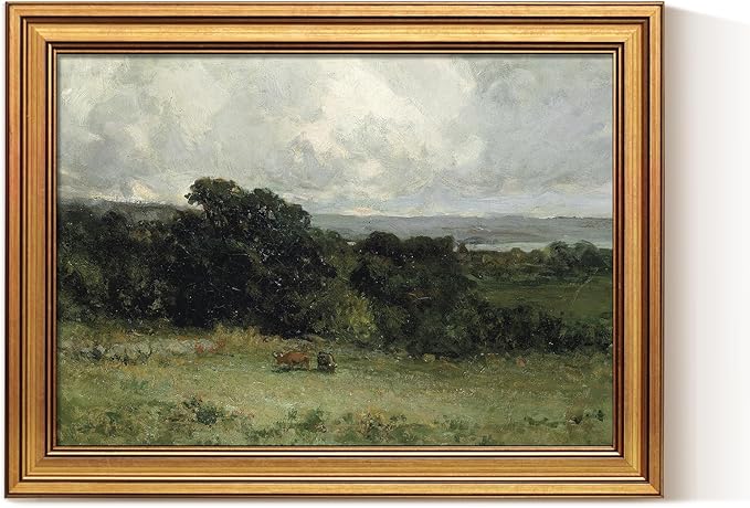 VIYYIEA Gold Framed Canvas Art Prints,12x16Inch, Pastoral Landscape Art Painting, Rustic Vintage Decor for Bedroom Living Room shelf, Farmhouse Country Retro Field Picture