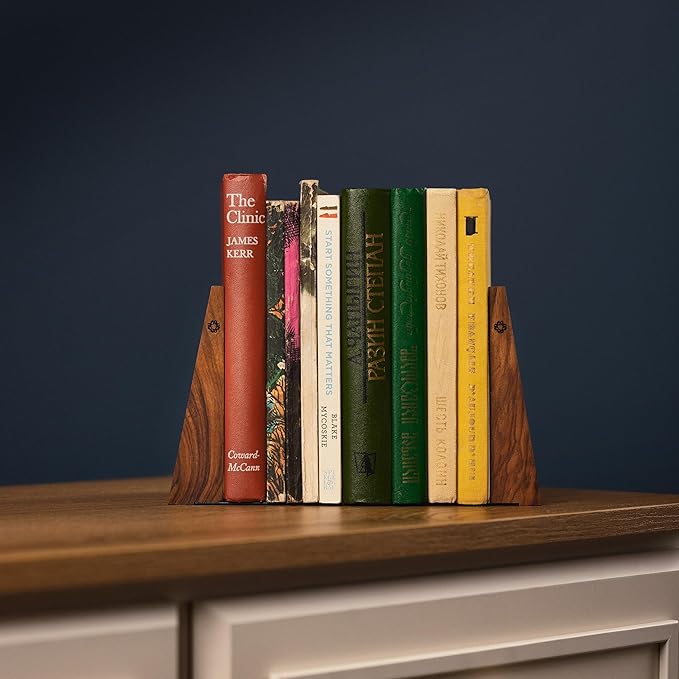 TILISMA Walnut Bookends for Shelves | Wooden Book Ends for Shelves | Sturdy Book Holders, Stoppers with Metal Base for Bookshelves | Slick Decorative Bookends Stands Firmly on Bookshelf (Pair)