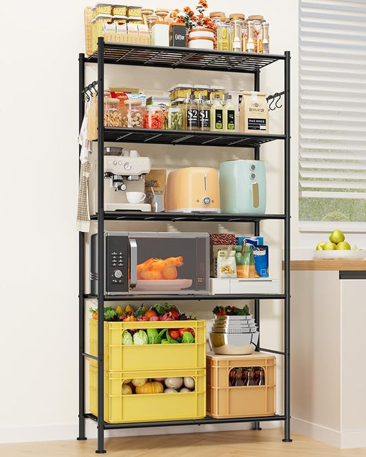 Storage Shelves - 5-Tier Spacious Shelf Organizer with Hooks & Leveling Feet, Easy to Assemble, Rust-Resistant Garage Shelving for Kitchen, Pantry, Bedroom, 33.2" x 12.7" x 71.7", Black