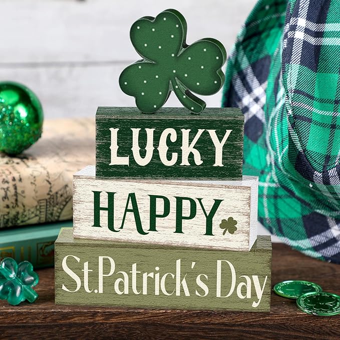 Marsui 4 Pcs St. Patrick's Day Decorations Shamrock Wooden Signs Green Irish Tabletop Centerpieces rustic Distressed Shamrock Blocks St Patricks Day Decor for Home Table Kitchen Shelf Tiered Tray