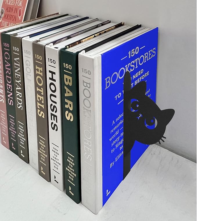 Bookends Metal Cat Book Ends, 1 Pairs Cute Bookends for Shelves Decorative for Home Office Desk Bookshelf Decor (Black, Cartoon)