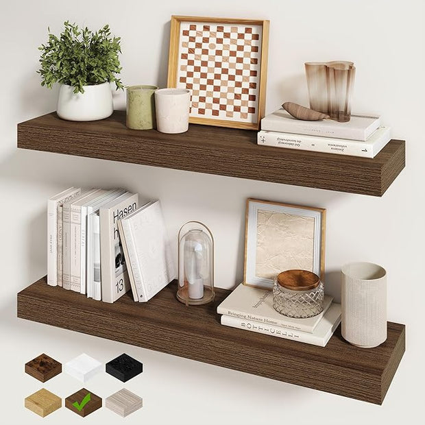 Fun Memories 30Inch Floating Shelves for Wall, 2 Pack Rustic Wood Shelves for Bathroom|Kitchen Wall Mounted Floating Shelf with Invisible Brackets for Books|Storage|Decor,Walnut